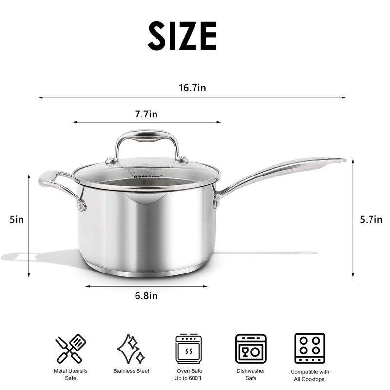 Rorence Stainless Steel Saucepan Sauce Pan with Pour Spout & Glass Lid with Strainer - 3.7 Quart - Image 2